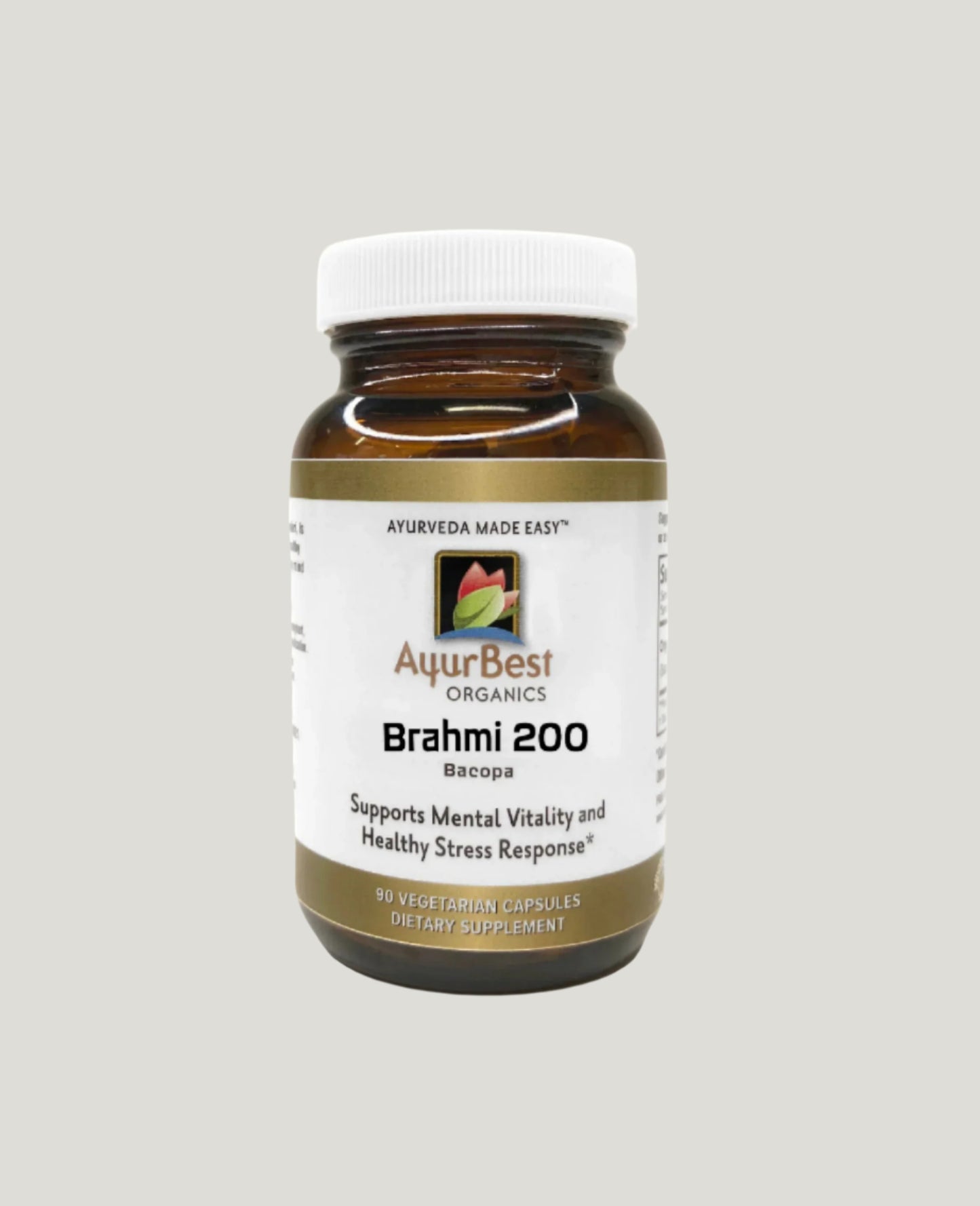 Ayurbest Organic Brahmi Bacopa 200 mg capsules in amber bottles supports mental vitality and healthy stress response 90 vegeterain capsules