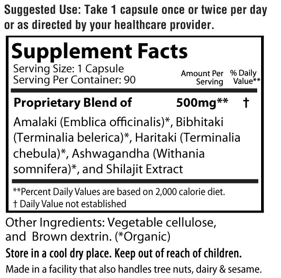 Supplement label of Shilajit Pro 500mg with Amalaki Bibhitaki Haritaki Ashwagandha and shilajit extract