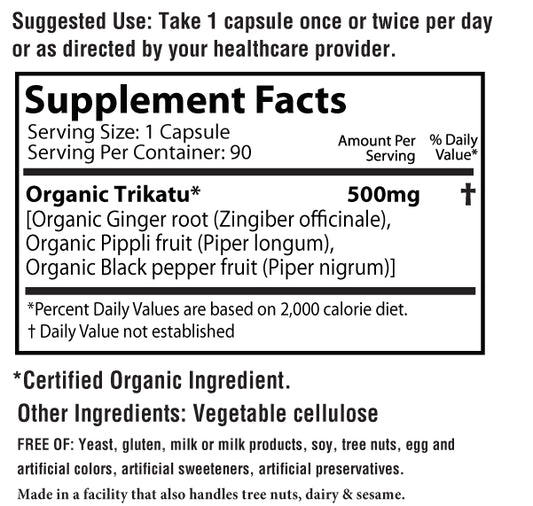 Each Trikatu capsule contains organic ginger black pepper and long pepper