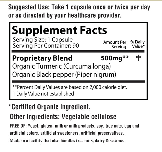 Each capsule of Turmeric Plus contains 500 mg blend of Organic Turmeric and Blcak pepper