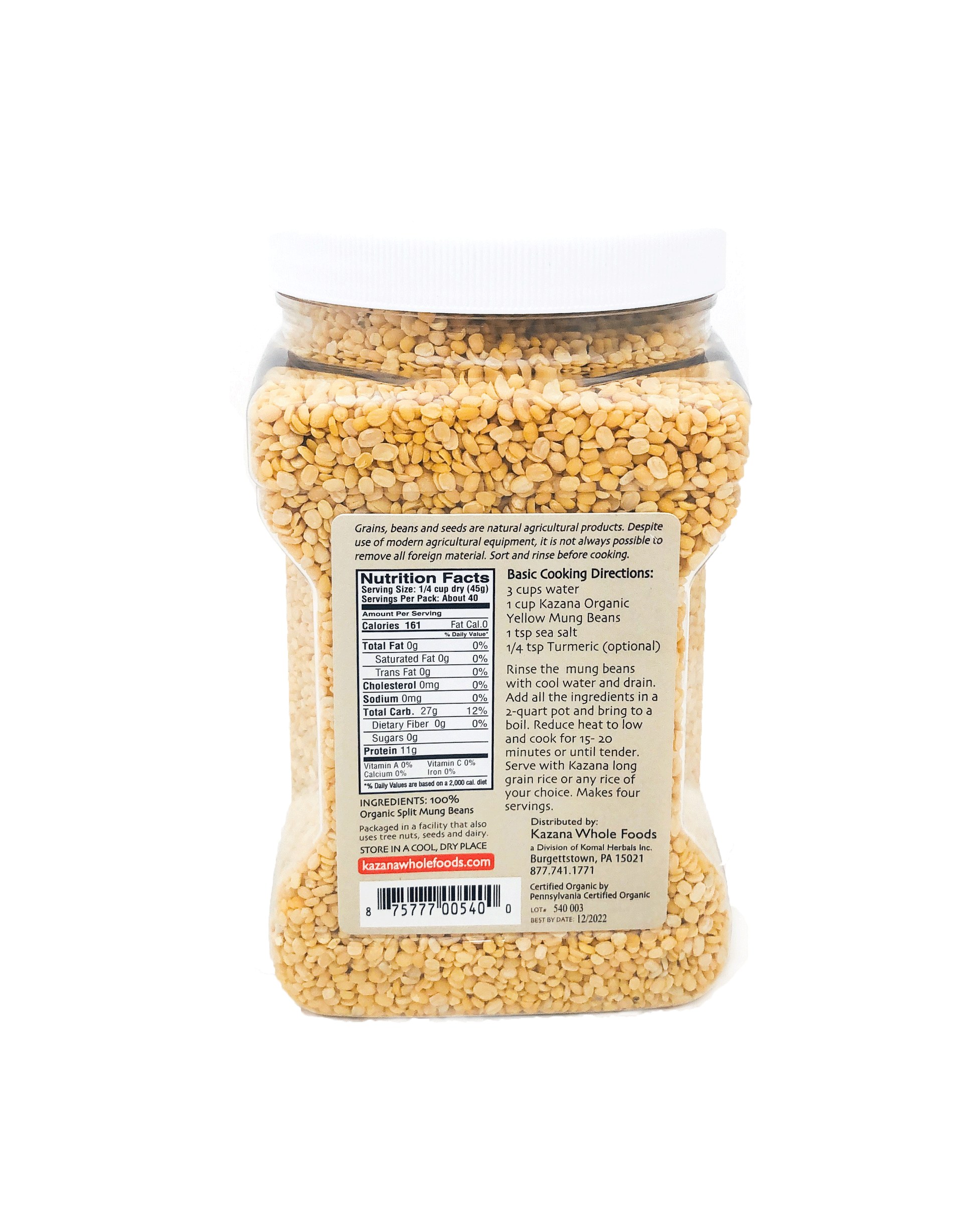Bulk Organic Split Yellow Mung Dahl, Beans 4lb Jar Nutrition Facts