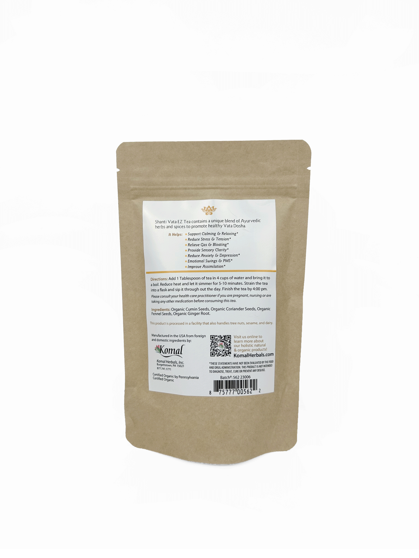 Shanti Vata EZ Herbal tea back of the bag for healthy Vata dosha helps reduce stress gas bloating anxiety blend of Cumin coriander fennel ginger