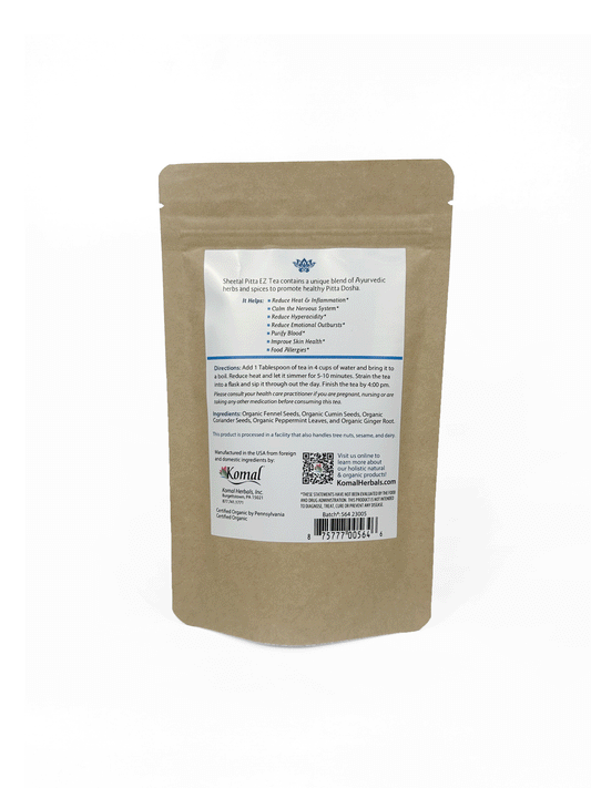Sheetal Pitta EZ, Cooling, Herbal Tea 3.5 oz Back Label helps calms nervous system reduce heat and inflammation blend of CCF Peppermint Ginger