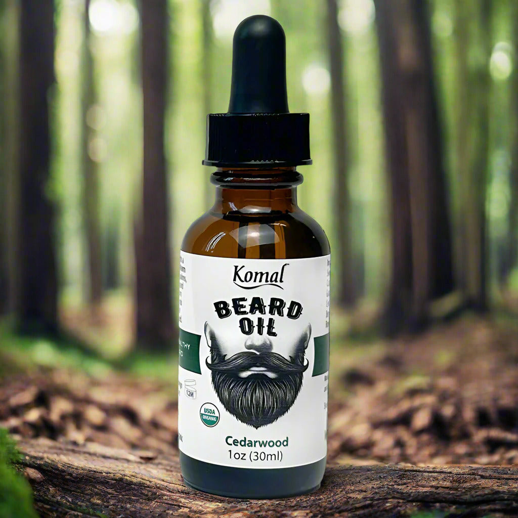 Organic Beard Oil with Cedarwood in Amber glass dropper bottle