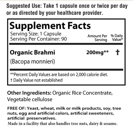 Brahmi Bacopa capsules Supplement facts Organic Brahmi 200mg Organic Rice concenterate Vegetable cellulose