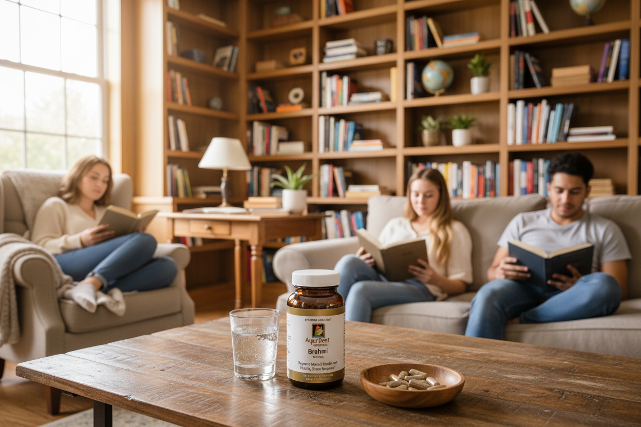 People studying in a cozy living room with a table displaying a bottle Organic Brahmi supplements.