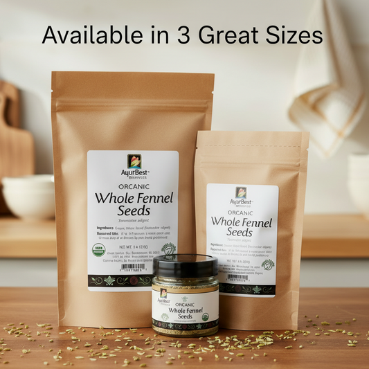 Three packages of AyurBest Organic Whole Fennel Seeds on a wooden surface with scattered seeds.