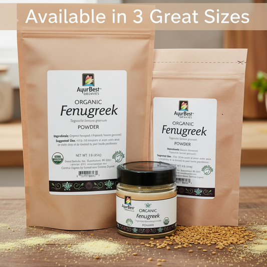 Two packages of Organic Fenugreek Powder and a jar of fenugreek seeds on a wooden surface.