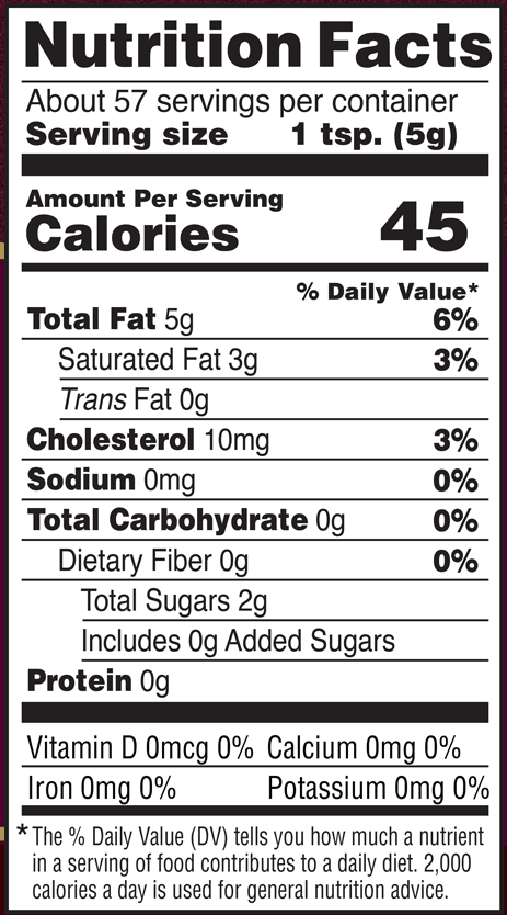 Organic Ghee, Clarified Butter made in USA Nutrition Facts