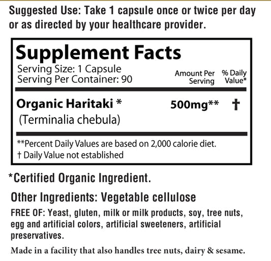 Haritaki capsules Teminalia chebula chebulic myrobalan 500 mg supplement facts vegetable capsules