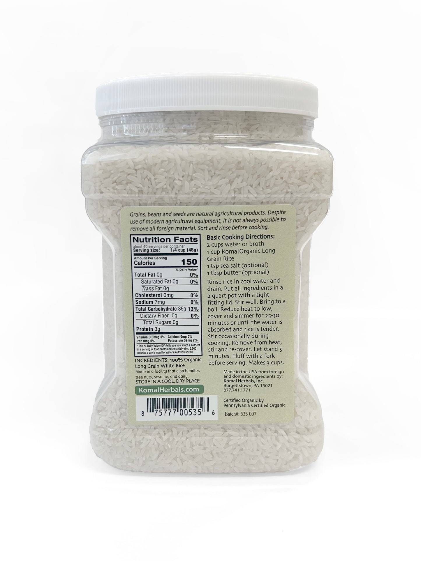 Rice Long Grain White , Bulk 4lb (1818g), Organic