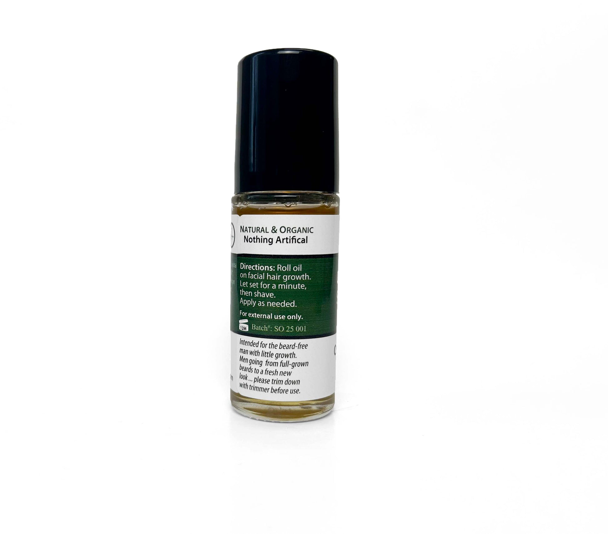 Organic shaving oil bottle side label with direction of use natural trim beard before shave