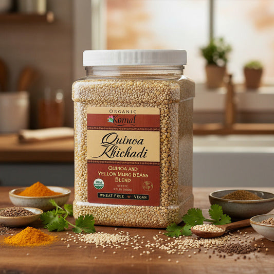 Enjoy the Healthy Benefits of Komal Organic Quinoa Khichadi Blend in a Family Size Jar for your Pantry.