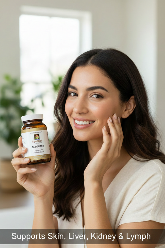 Woman holding a bottle of supplements and smiling, with a blurred indoor background
