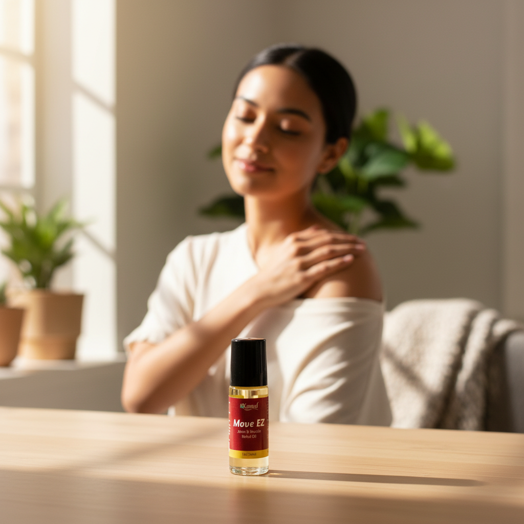 Woman massaging her shoulder with a bottle of 'Move EZ' oil on a table.