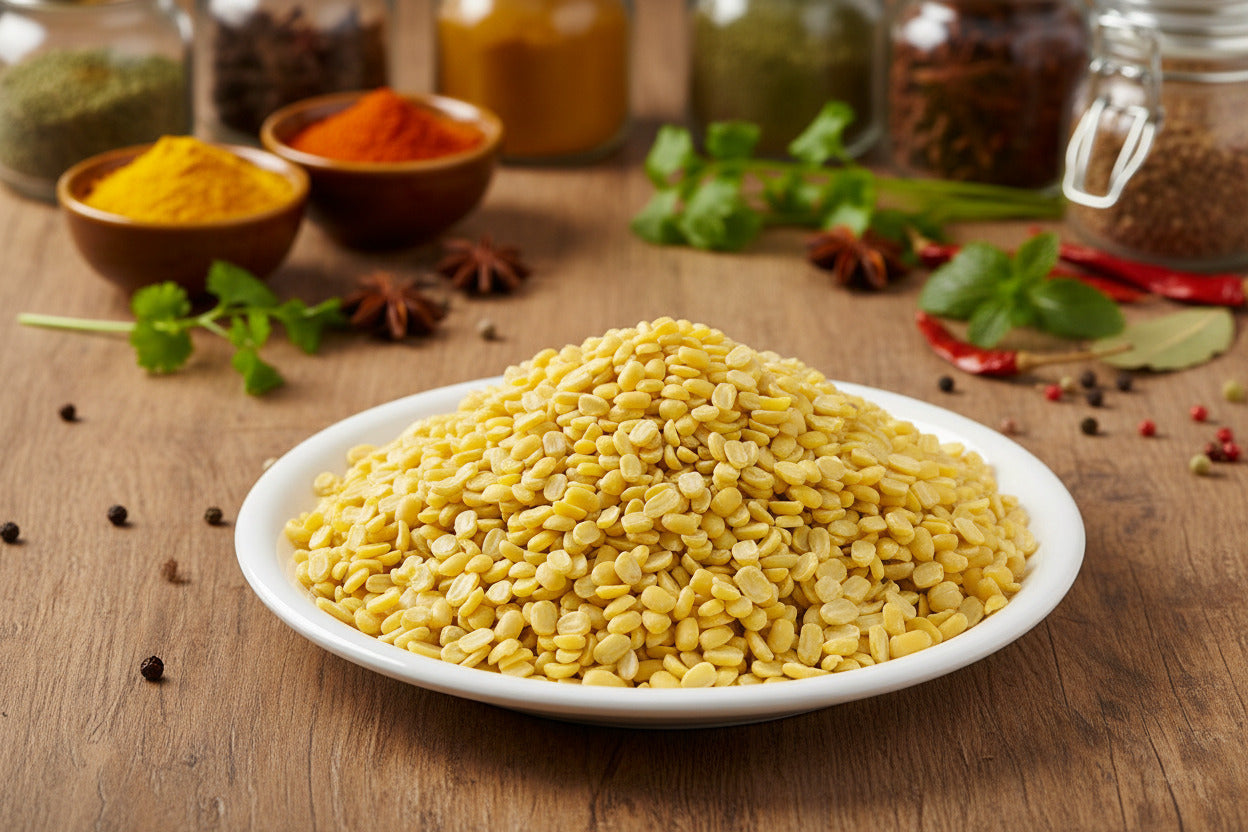 Organic Yellow split mung dahl beans in a white bowl on a kitchen counter