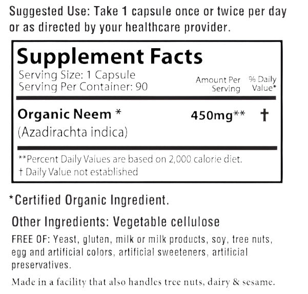 Neem capsules supplement facts label 450 mg Azadirachta indica vegeterain capsules