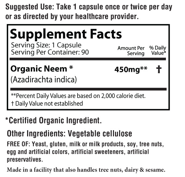 Each capsule contains 450mg of Organic Neem