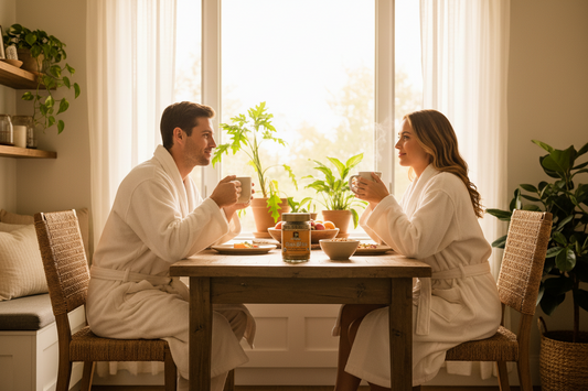 Ojas Bliss, Organic drink enjoyed by a couple at breakfast table