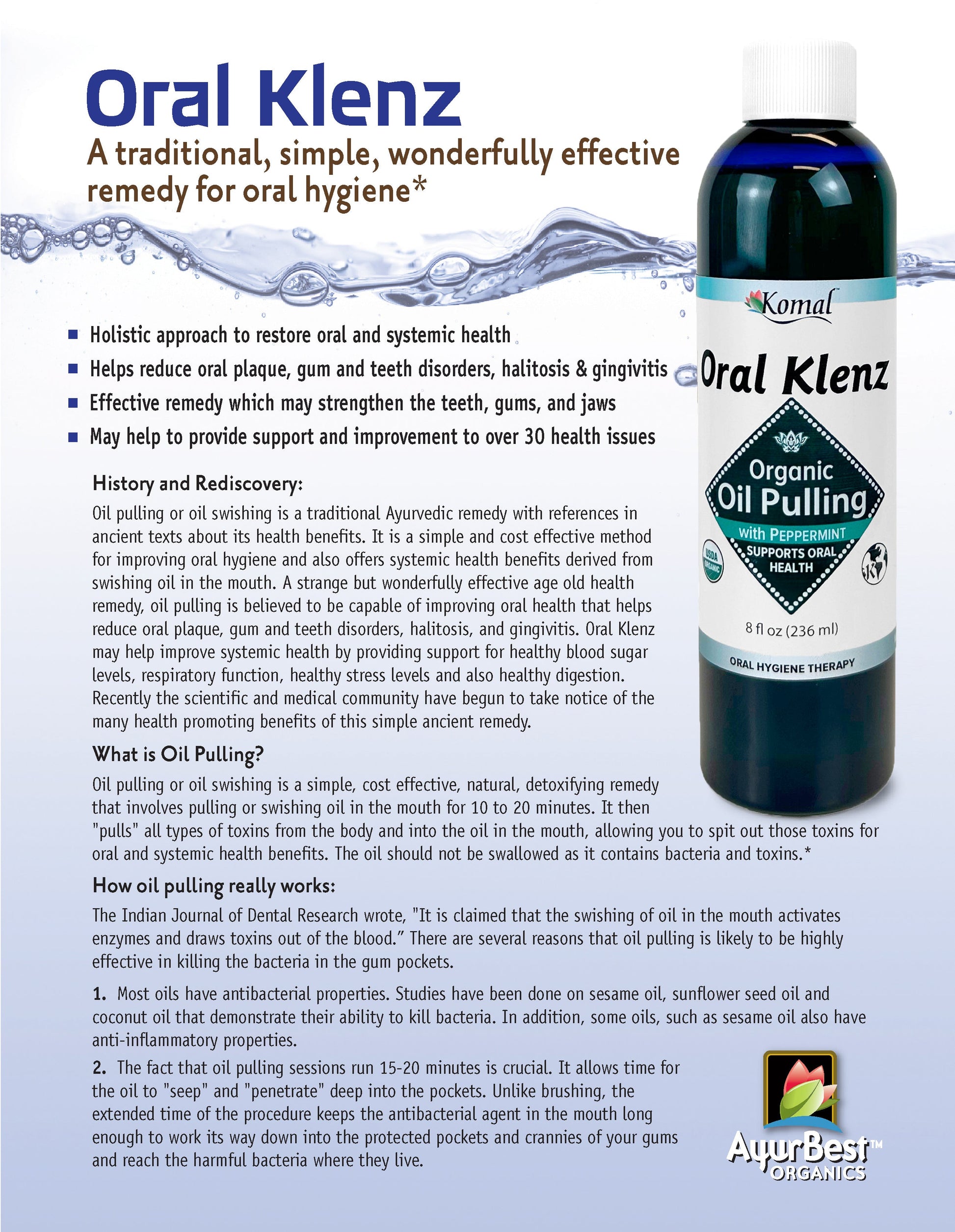 Oral Klenz Oil Pulling help reduce plaque, halitosis & gingivitis naturally.