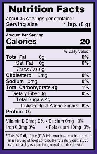 Nutrition Facts label of Organic Praas Chyawanprash each serving of 1 tsp has 4 grams of sugar