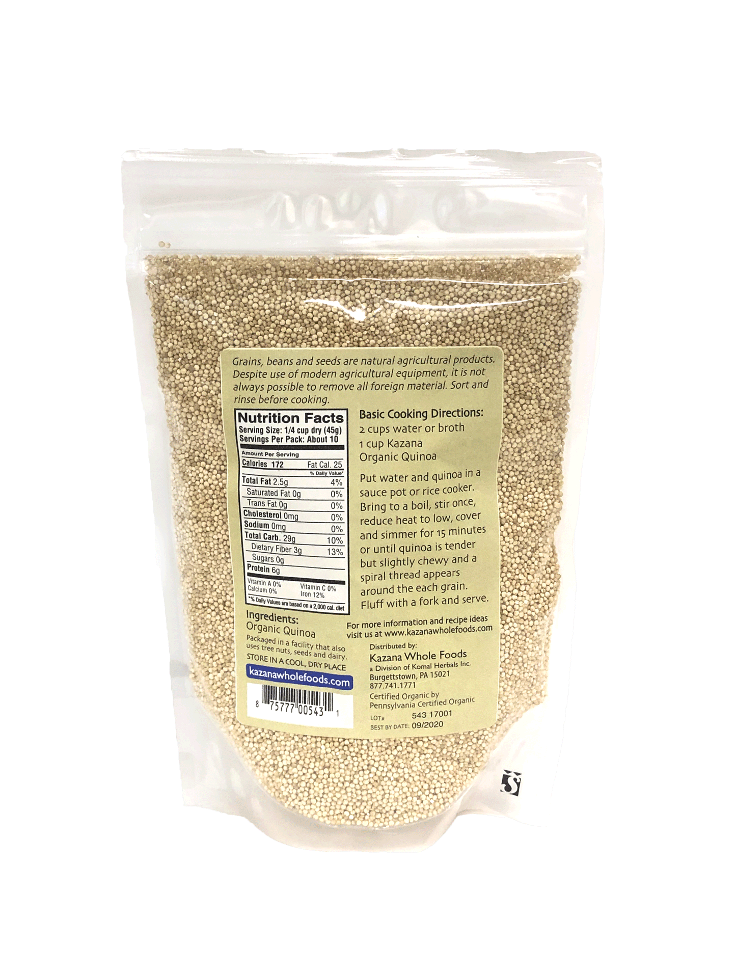 Organic Quiona 1lb Bag Nutritional Panel