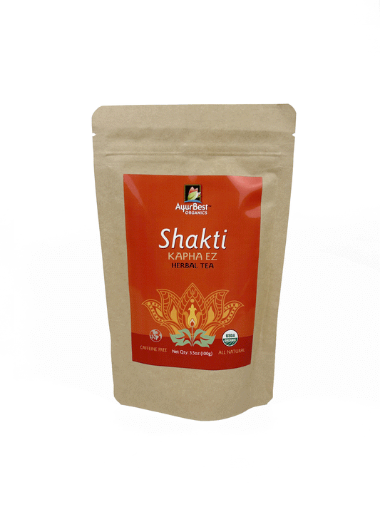 AyurBest Organics Shakti Kapha EZ Herbals Tea 3.5 oz Front of the bag with red label Caffeine free