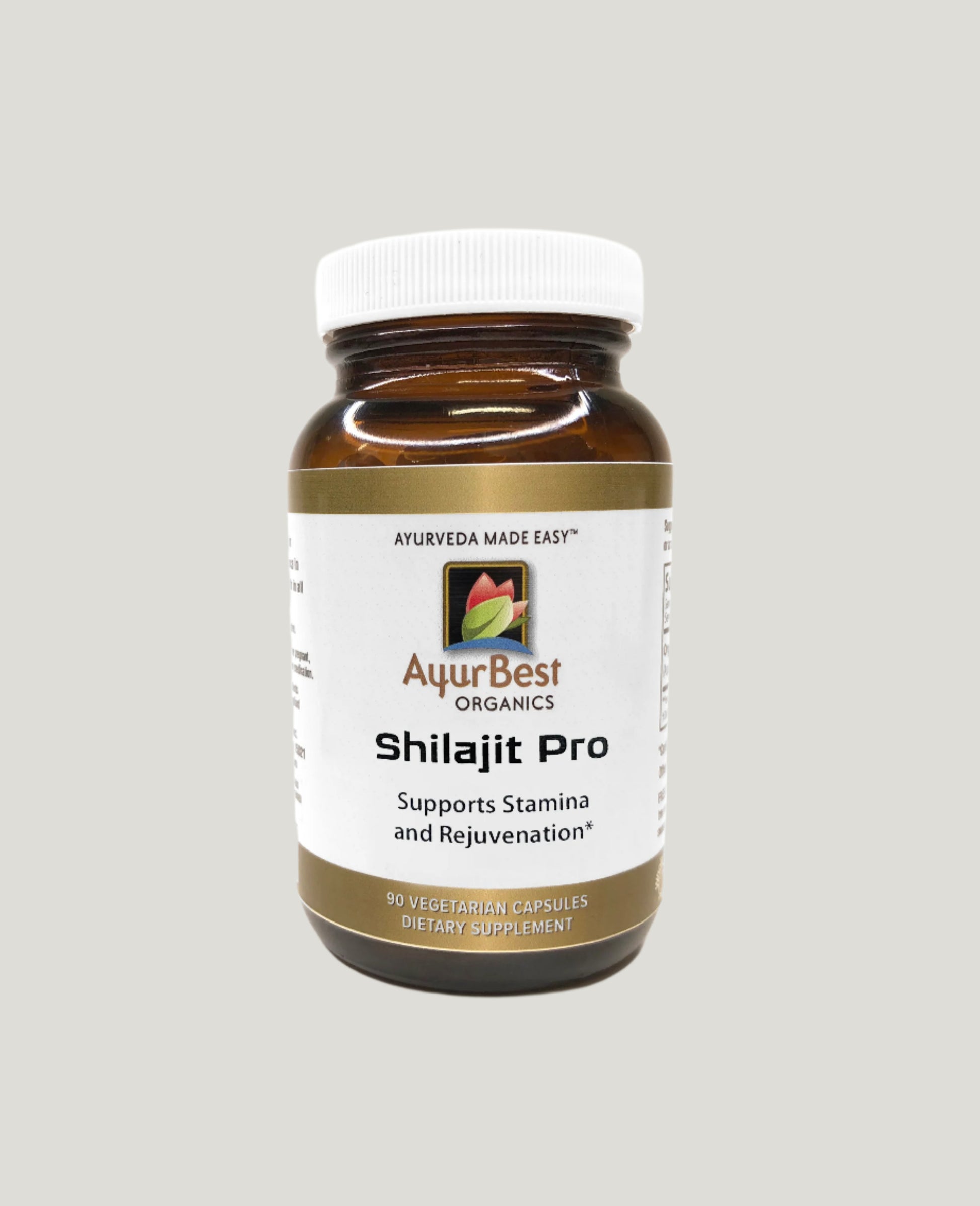 Bottle of AyurBest Shilajit Pro Supports stamina and rejuvenation 90 capsules Amber bottle front