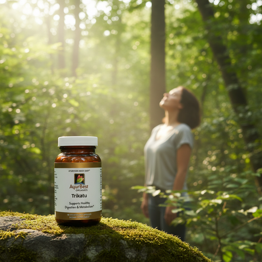 Bottle of AyurBest Trikatu in a forest setting with a person standing in the background breathing easily