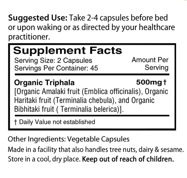 Organic Triphala made of Amalaki Haritaki Bibhitaki 500 mg capsule supplement fact label