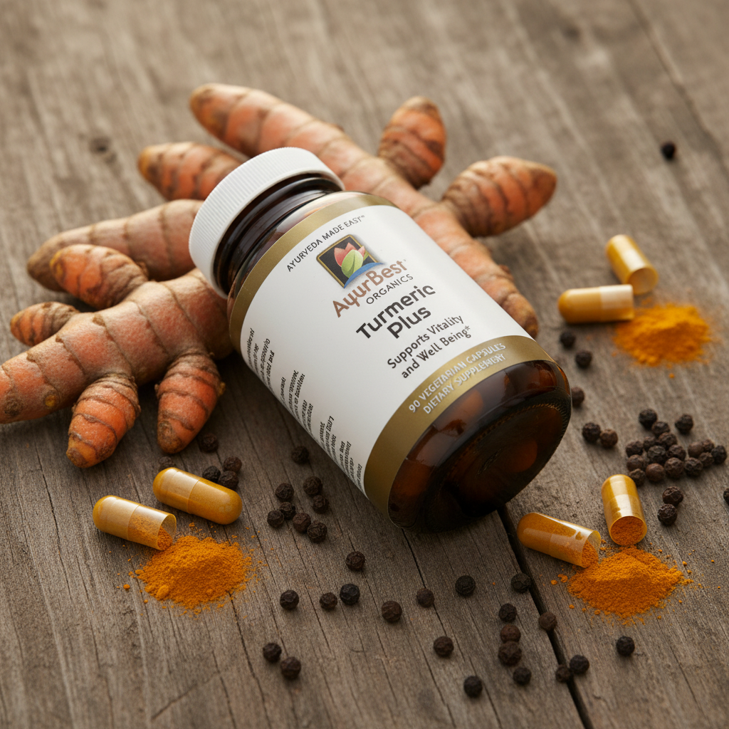 Turmeric supplement bottle with turmeric roots and powder on a wooden surface