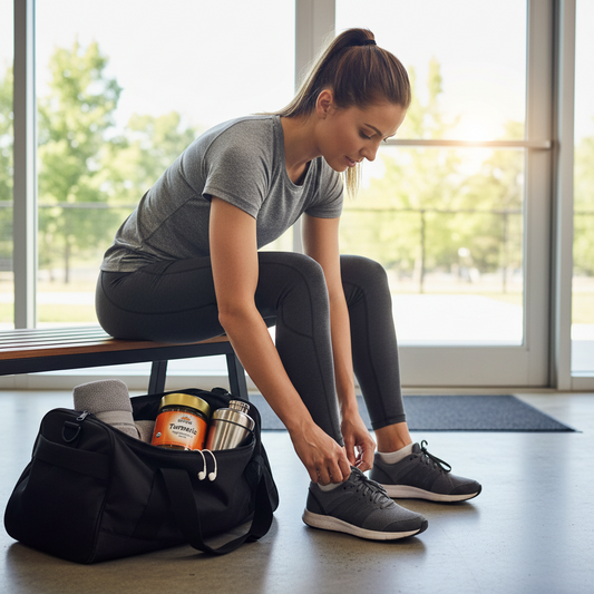 Woman preparing for a workout by tying her shoes next to a gym bag with Turmeric Lehyam