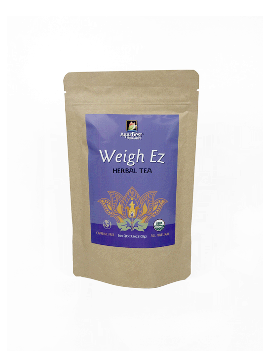 Ayurbest Weigh EZ Herbal Tea Organiccaffeine free front of the bag Purple label