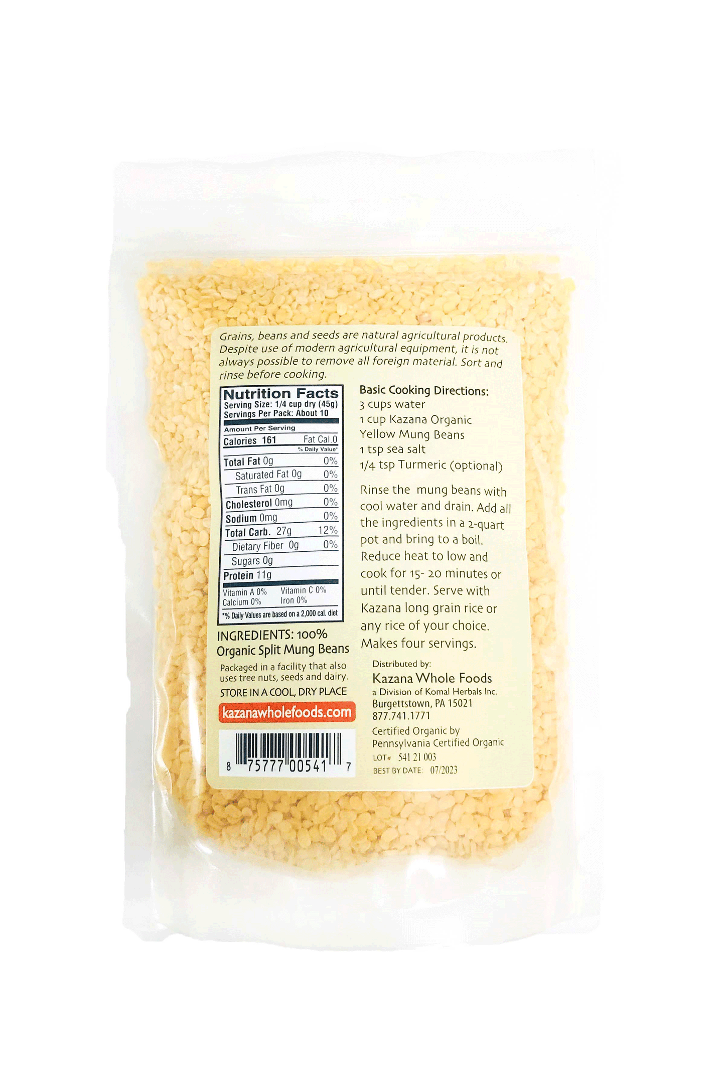 Organic Split Yellow Mung Dahl, Beans 1lb Nutrition Facts