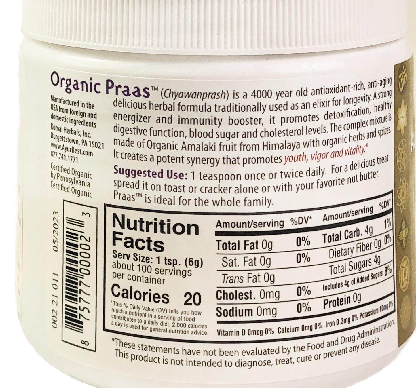 PRAAS Organic Chyawanprash, Herbal Jam - 1.1lb (500g) Jar