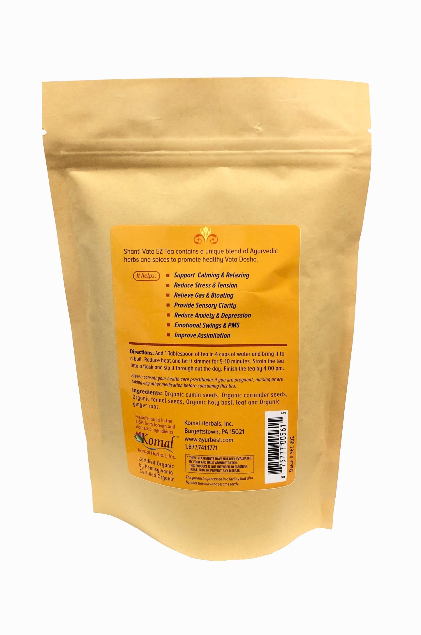Wholesale - Shanti Vata EZ Herbal Tea, Organic 8oz (227g)