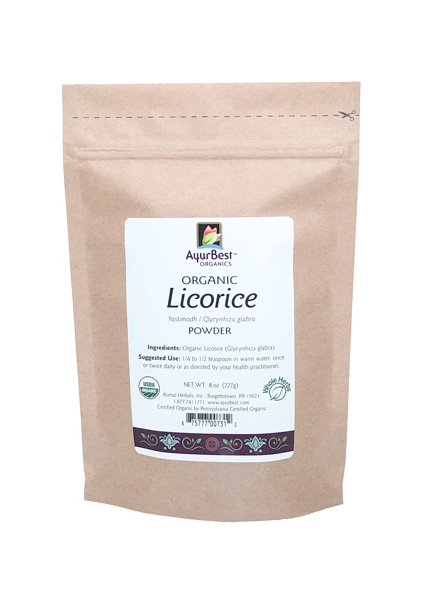 A bag of Aquabest Organic Licorice Powder, with a label showing the product name and an organic certification symbol.