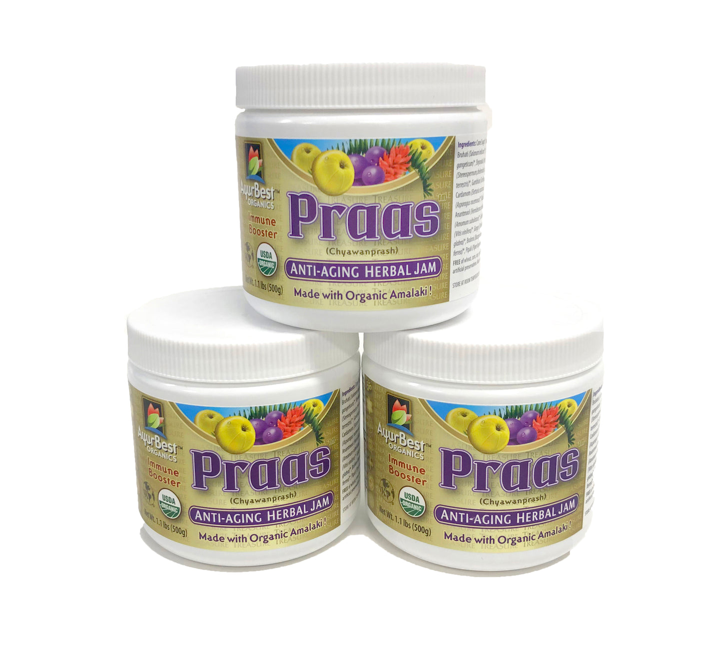 Three jars of Organic Praas Chyawanprash Ayurvedic herbal jam.