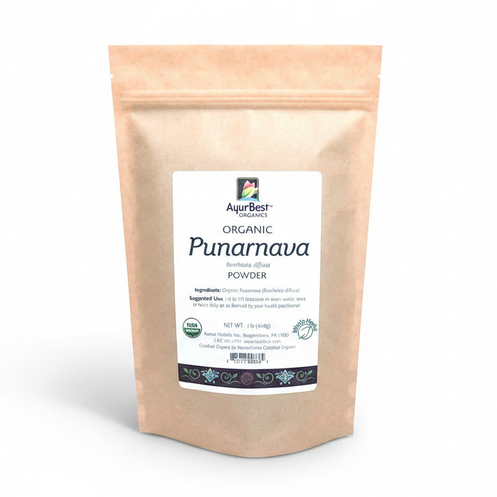A bag labeled 'AyurBest Organic Punarnava Powder'. The label includes the product name, a brief description, and additional product information.