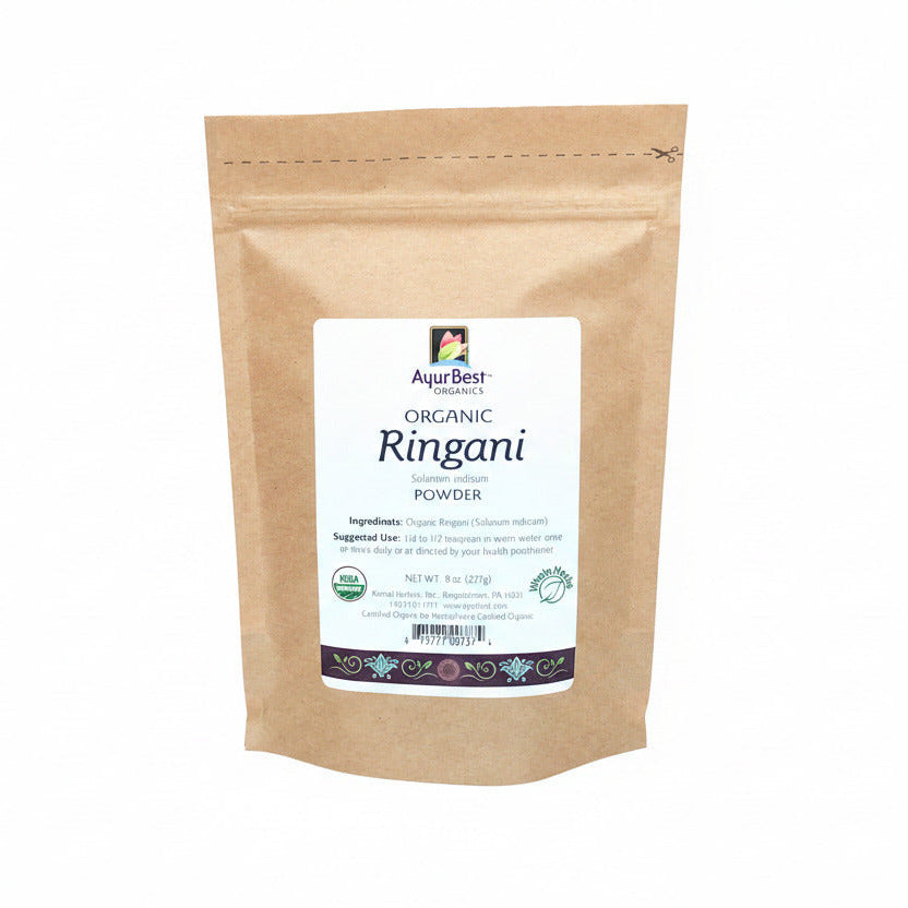 A bag of organic Ringani powder, with a beige packaging and a label displaying the product name and organic certification.