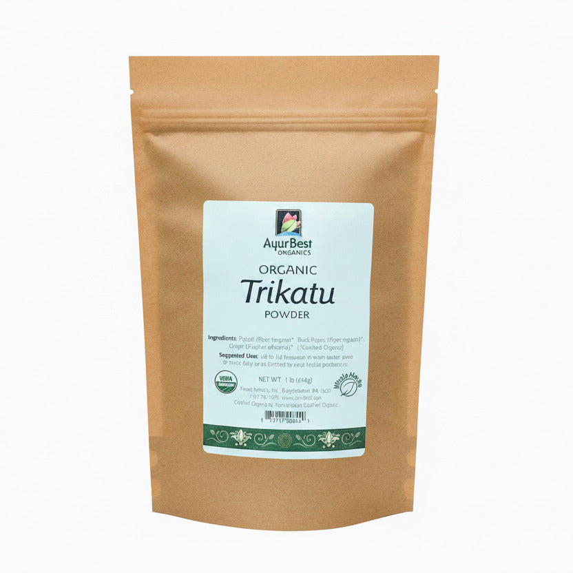 A bag of AyurBest Organic Trikatu Powder, with a label showing the product name and description.