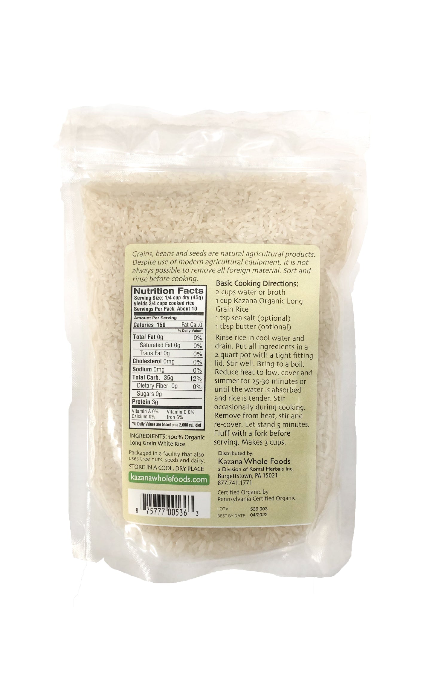 Wholesale - Rice Long Grain White , Organic 16oz (453g) Bag