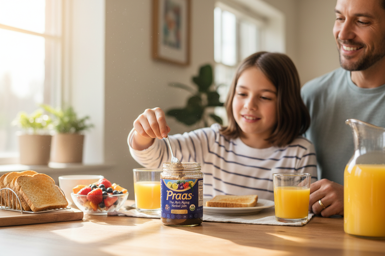 Man and young girl enjoying a breakfast together with Praas product on a table.