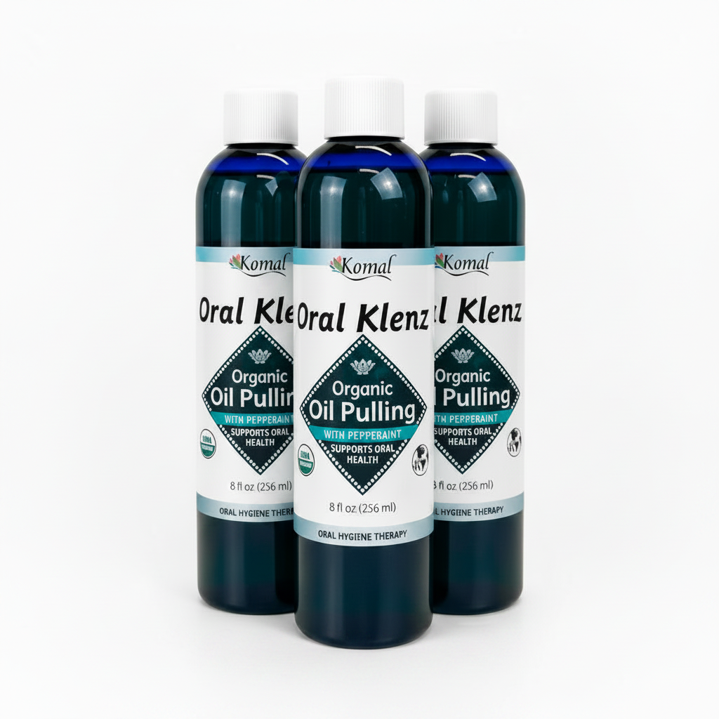 Bottle of Oral Klenz Organic Oil Pulling with Peppermint on a white background
