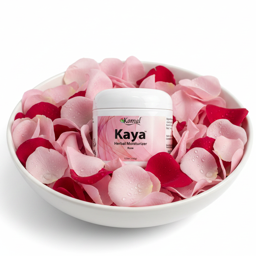 Kaya Herbal Moisturizer jar surrounded by pink and red rose petals in a white bowl.