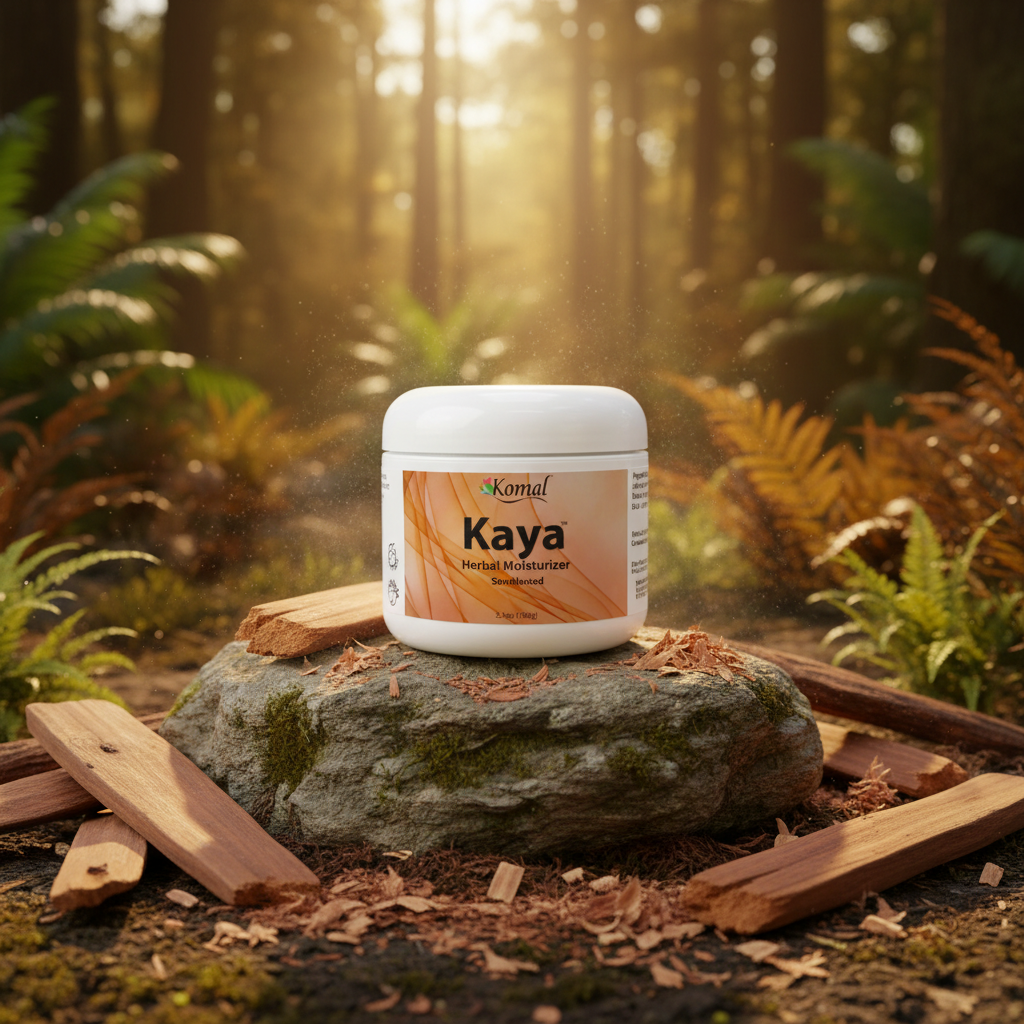 Kaya Sandalwood product on a rock in a forest setting