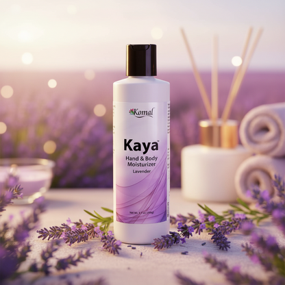 A bottle of Kaya Hand & Body Moisturizer with Lavender, 6.7oz size.