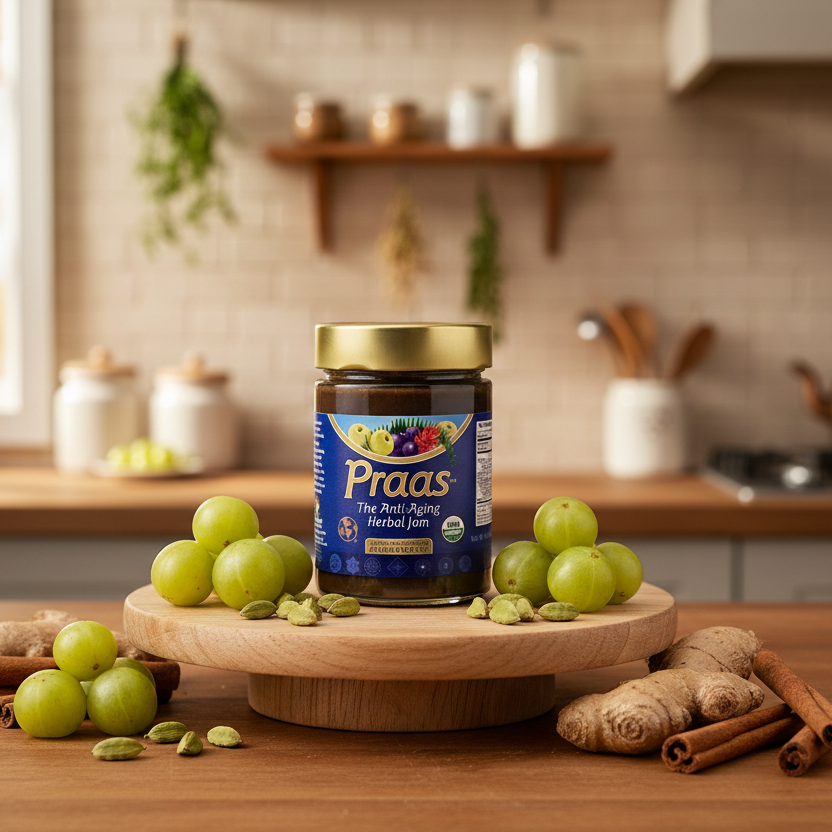 Praas jar on a wooden stand with organic amalaki and spices in a kitchen setting