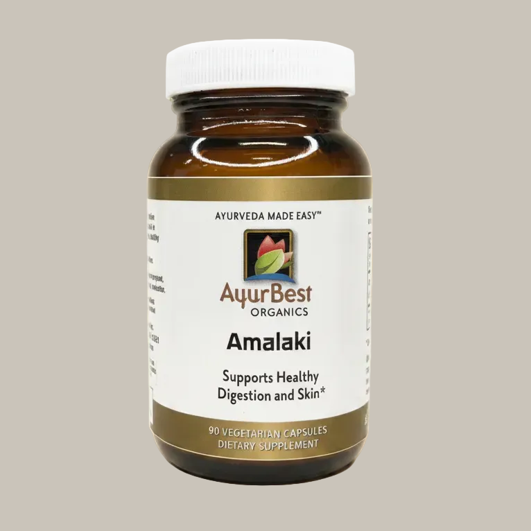 AyurBest Organics Amalaki supplement bottle on a beige background