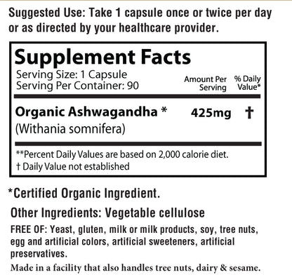 Wholesale - Ashwagandha Herbal Supplements - 90 Count (425mg) Capsules